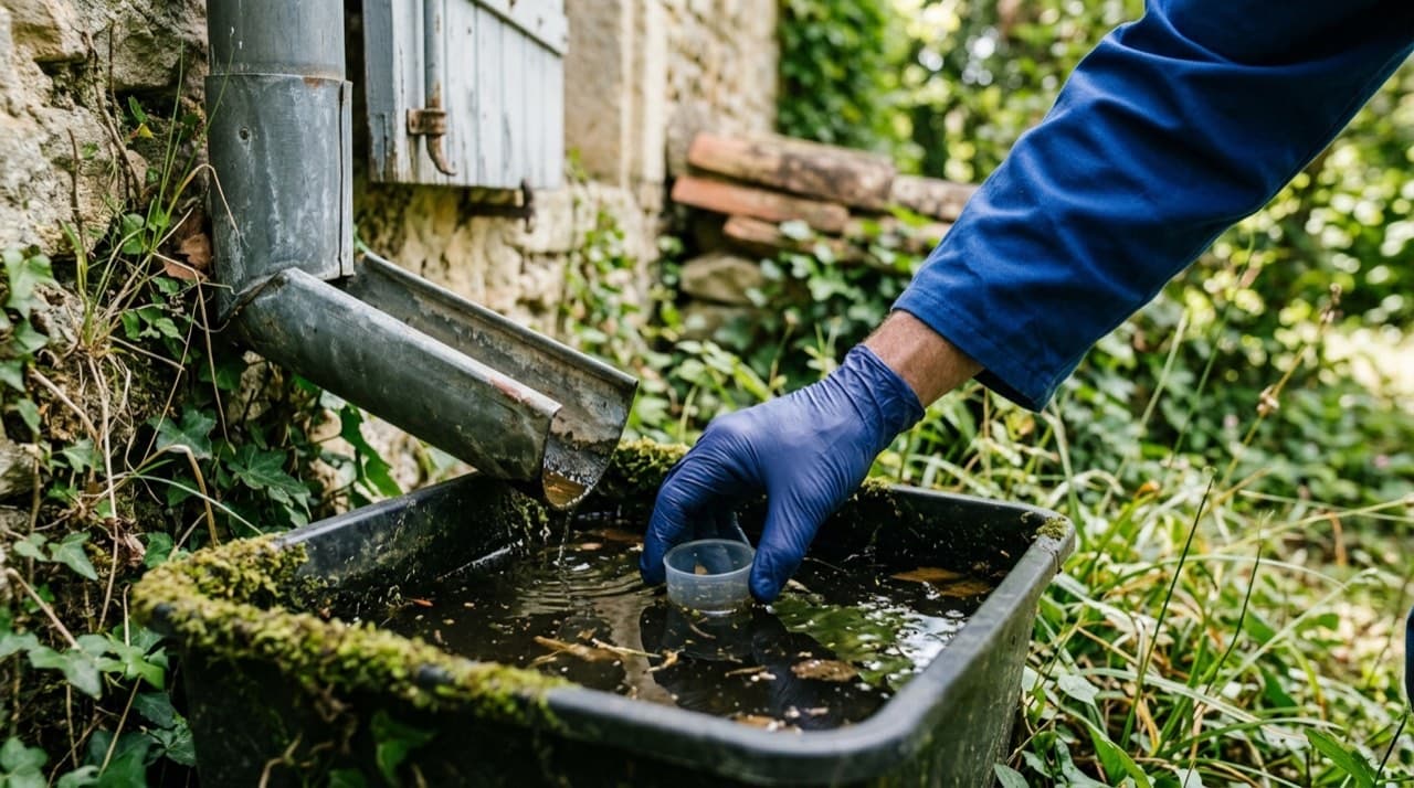 Visuel d'illustration : vérification d'une gouttière et d'un point d'eau stagnante dans un jardin