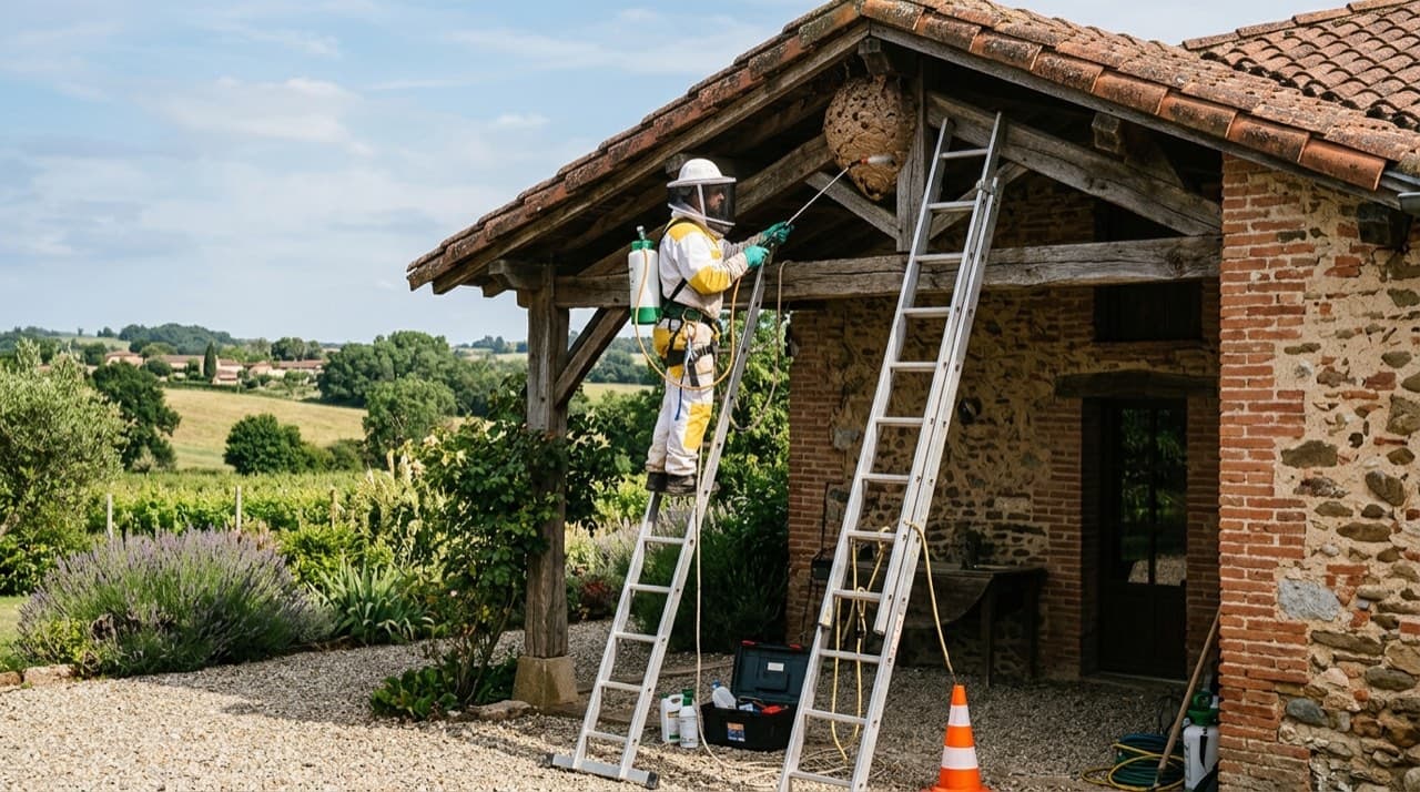 Visuel d'illustration : technicien en combinaison de protection intervenant en hauteur sur une charpente