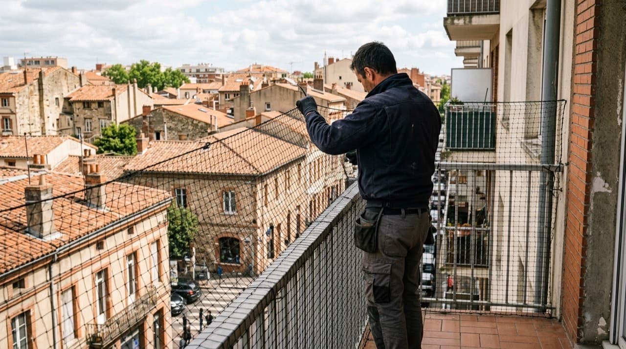 Visuel d'illustration : pose d'un filet de protection sur un balcon d'immeuble