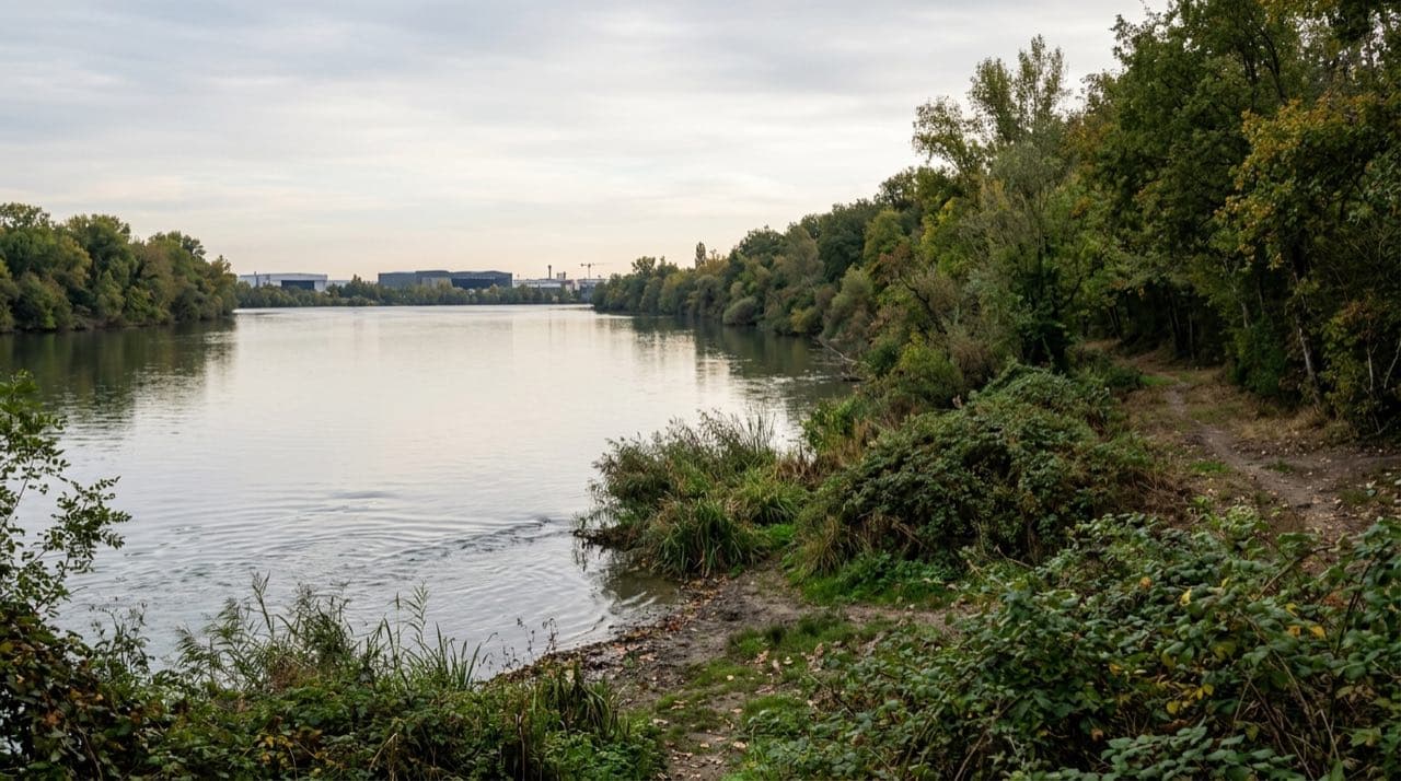 Visuel d'illustration : berges boisées d'un fleuve avec bâtiments industriels aéronautiques au loin
