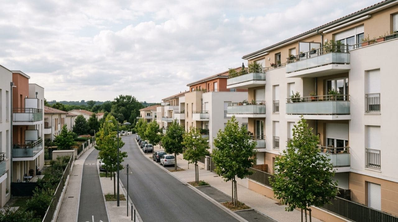 Visuel d'illustration : quartier résidentiel récent à immeubles collectifs, périphérie toulousaine