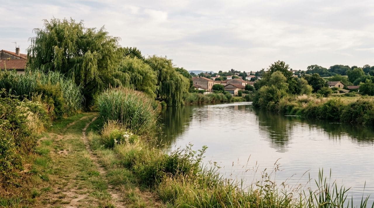 Visuel d'illustration : petite rivière bordée de roseaux en zone péri-urbaine