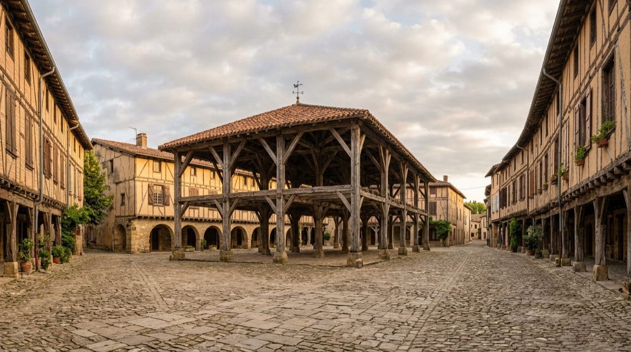 Visuel d'illustration : place de bastide avec halle à charpente de bois, architecture du sud-ouest