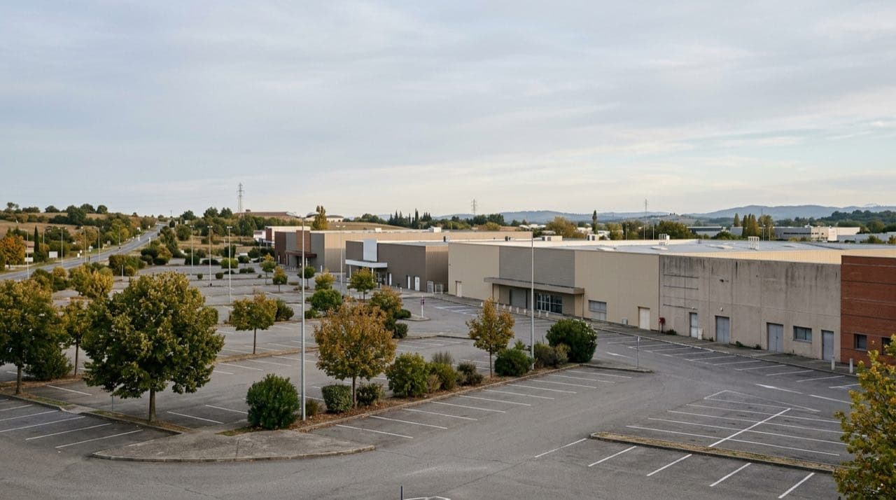 Visuel d'illustration : zone commerciale périphérique avec grandes surfaces et parkings arborés