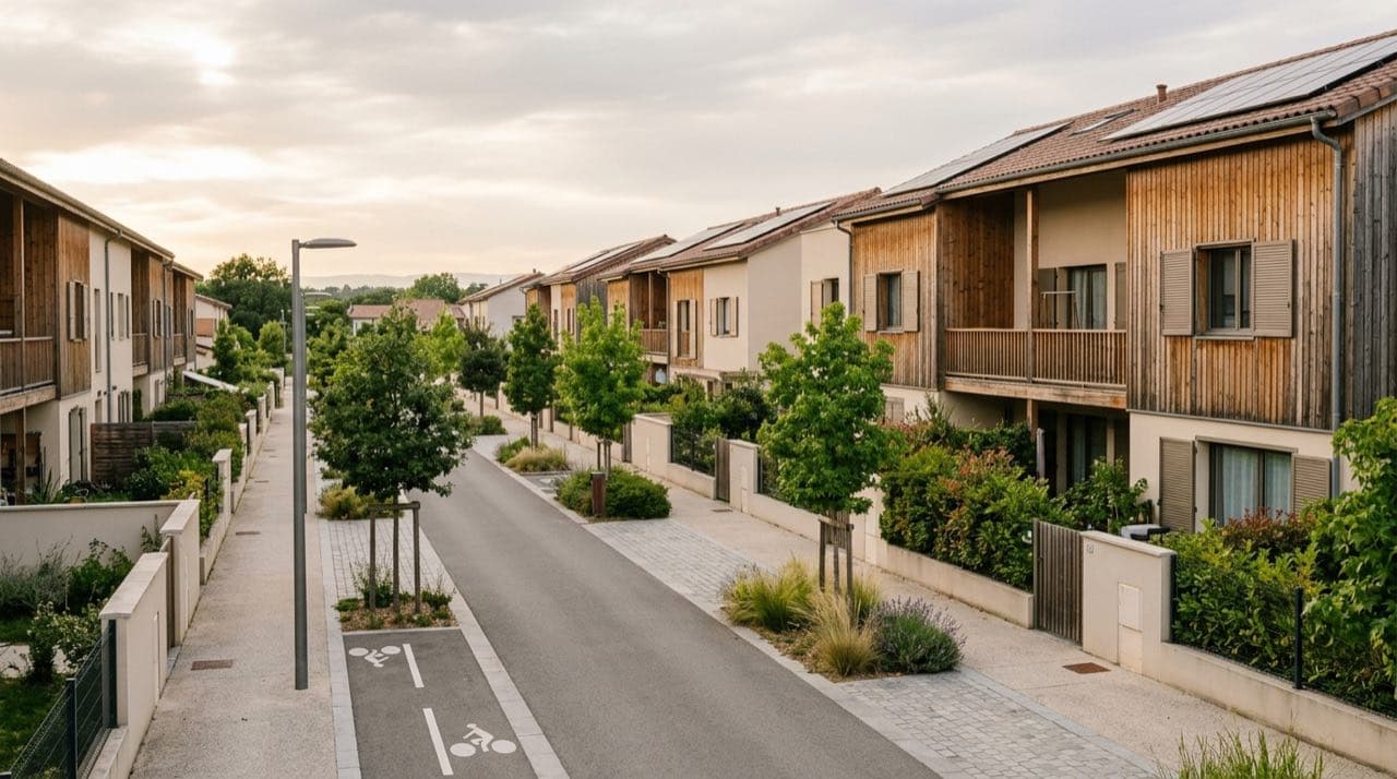 Visuel d'illustration : écoquartier récent avec maisons mitoyennes contemporaines