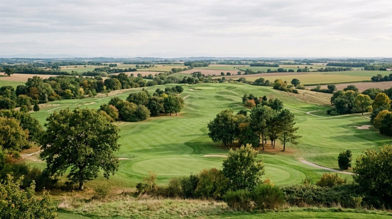 Visuel d'illustration : parcours de golf vallonné en bordure de champs agricoles