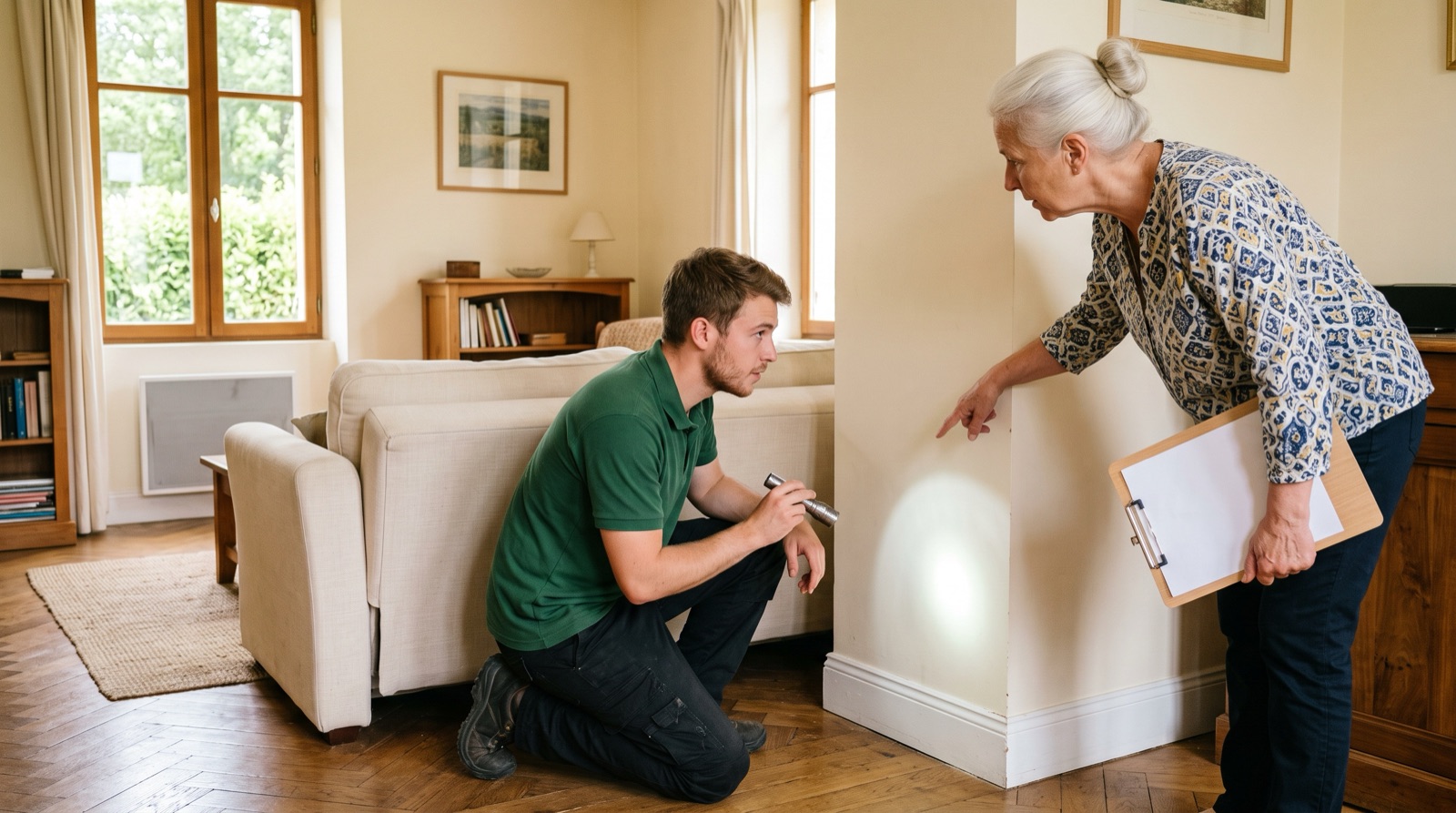Technicien accroupi près d'un canapé, lampe à la main, tandis que l'habitante montre le mur où elle entend gratter