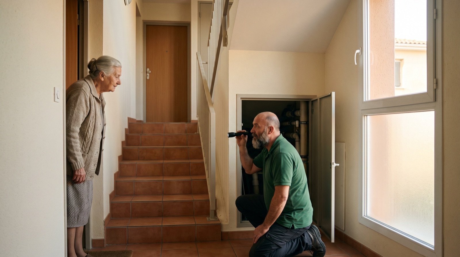 Technicien inspectant une gaine technique sur un palier, sous le regard d'une résidente