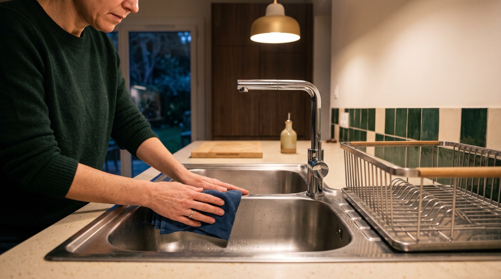 Mains séchant un évier en inox avec un torchon le soir