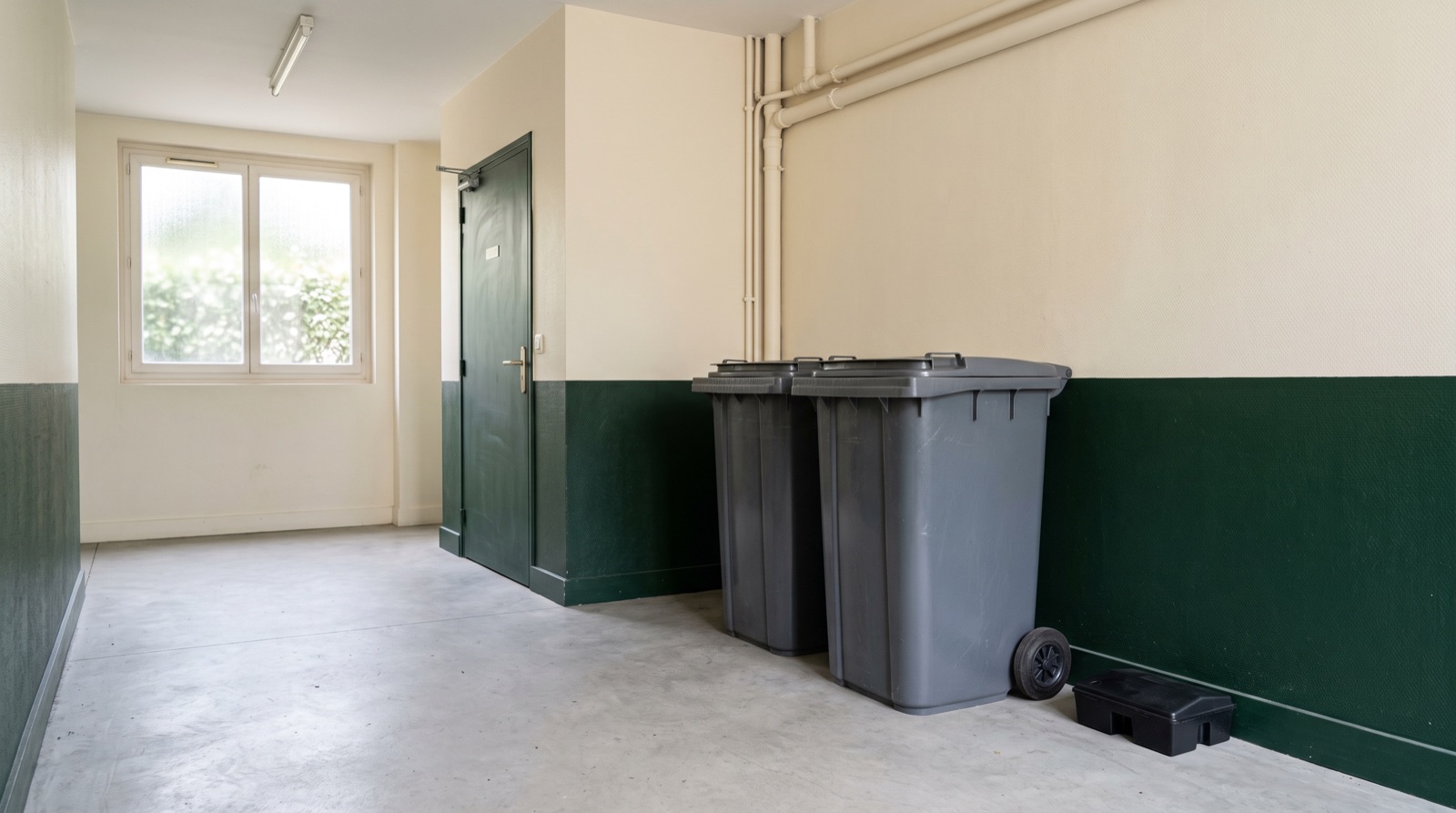 Local à poubelles d'un immeuble avec station de dératisation sécurisée en parties communes