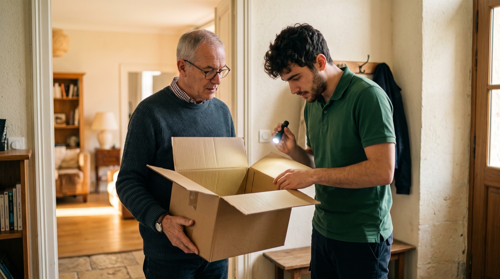 Technicien inspectant à la lampe un carton de livraison tenu par un résident