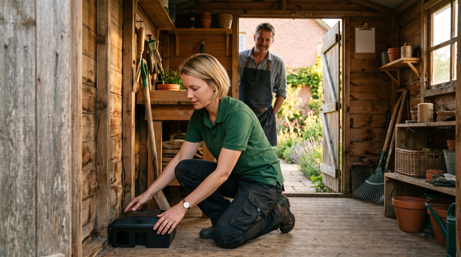 Technicienne posant un poste d'appâtage sécurisé dans un abri de jardin