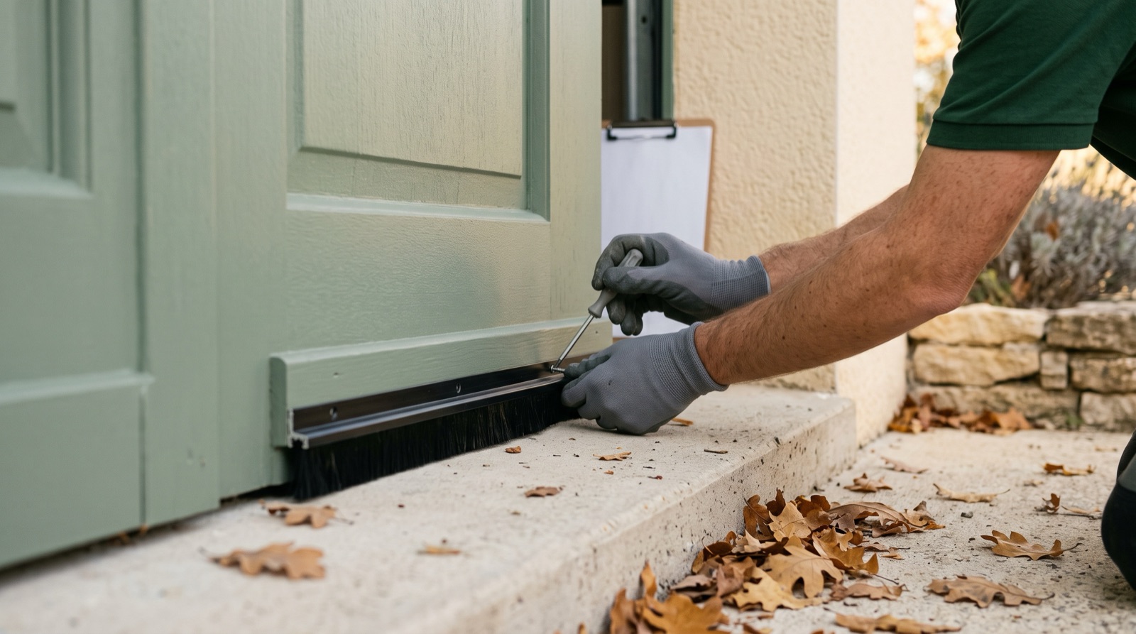 Mains gantées vissant un bas de porte à brosse sur une porte extérieure en bois