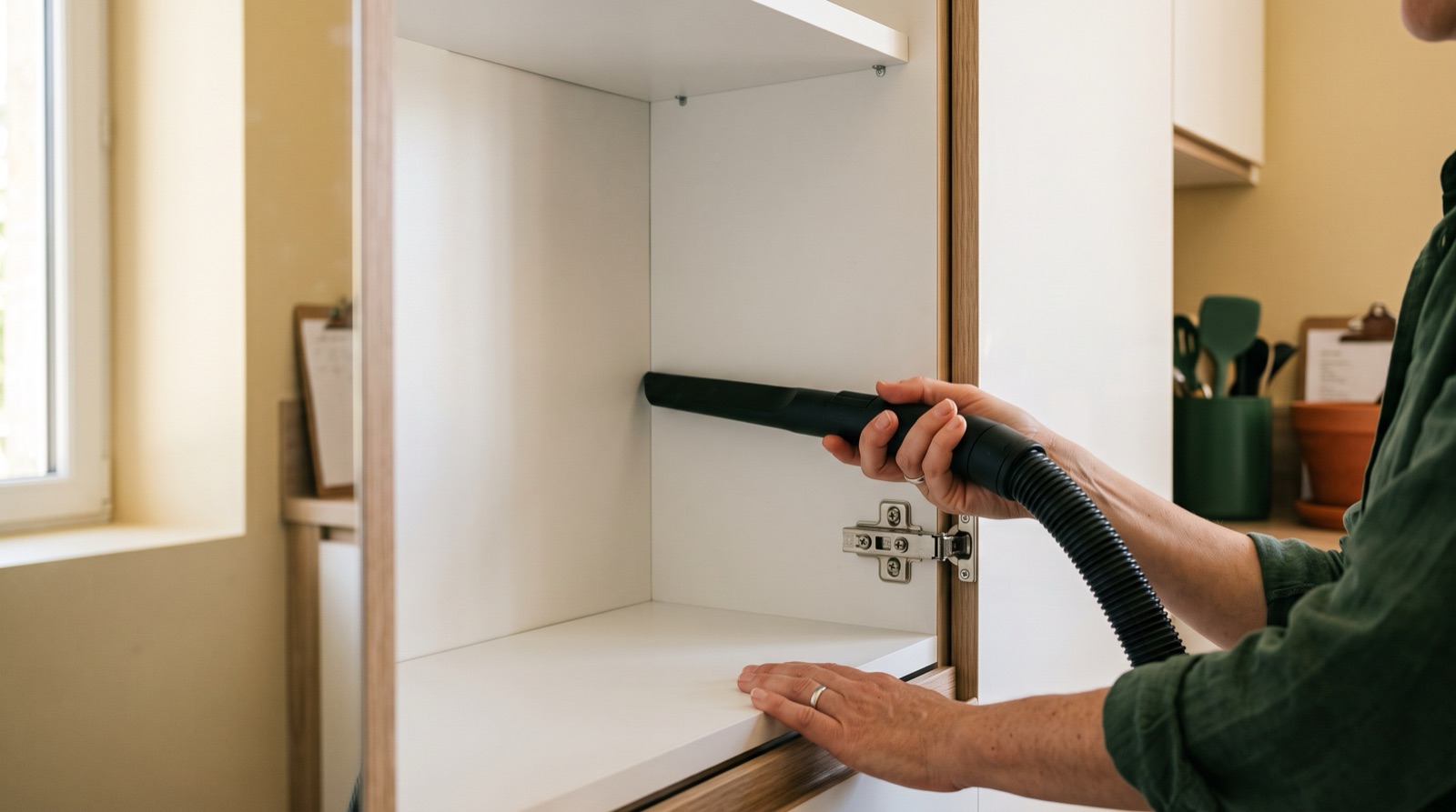 Embout d'aspirateur passé dans l'angle d'un placard de cuisine vidé