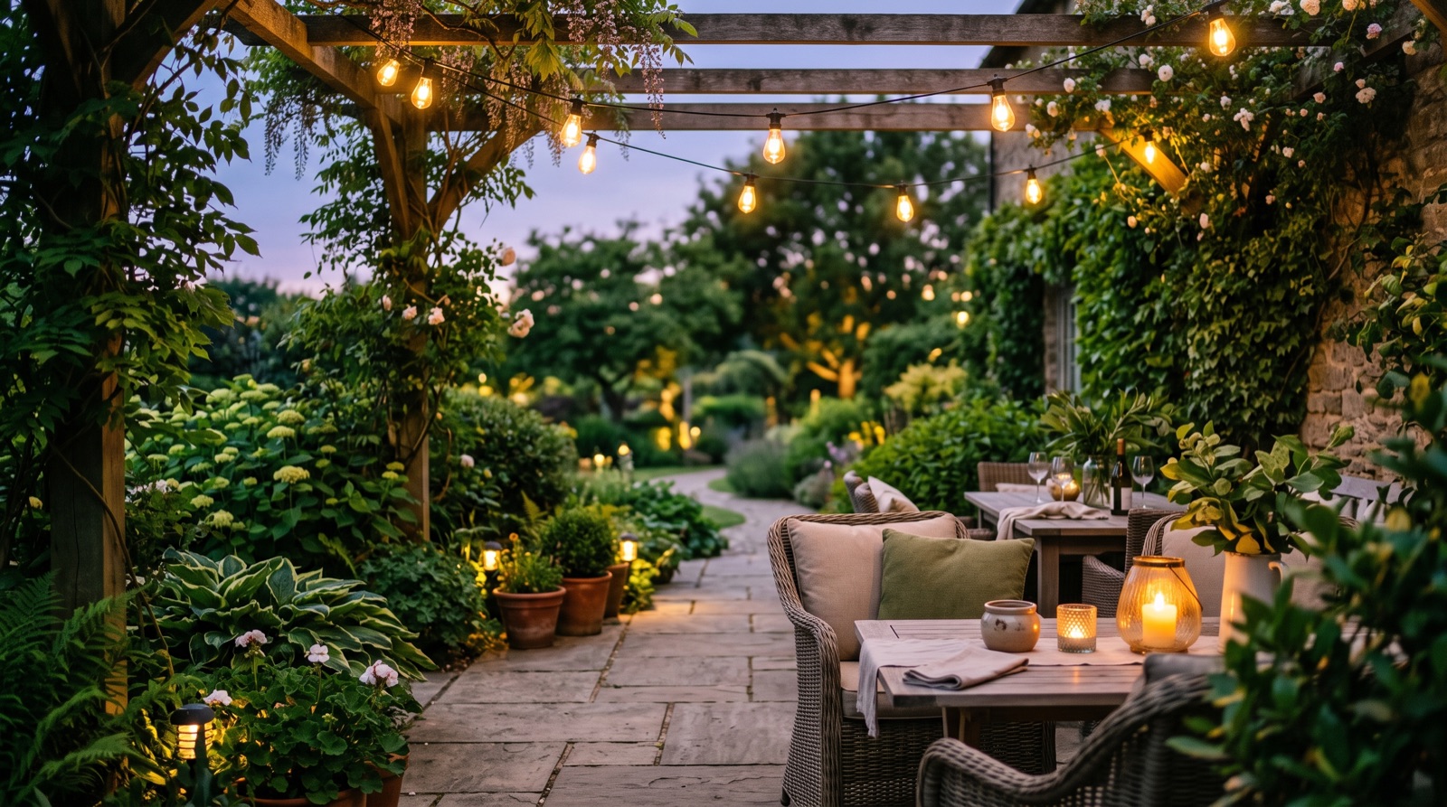 Terrasse de jardin paisible en soirée d'été
