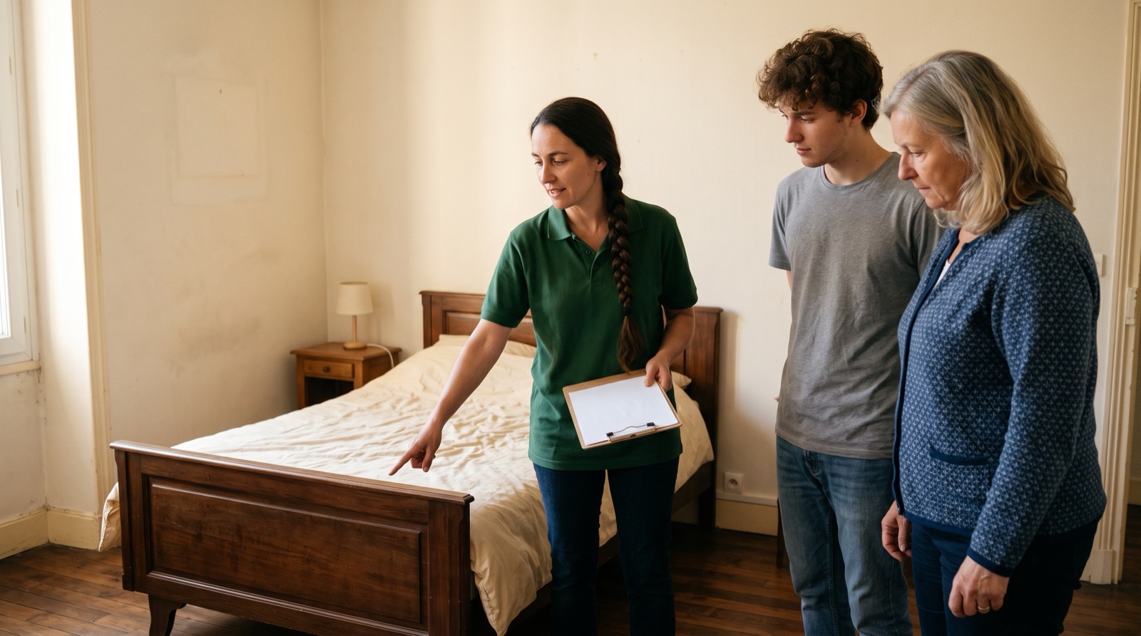 Technicienne expliquant le traitement au locataire et à la propriétaire près du lit