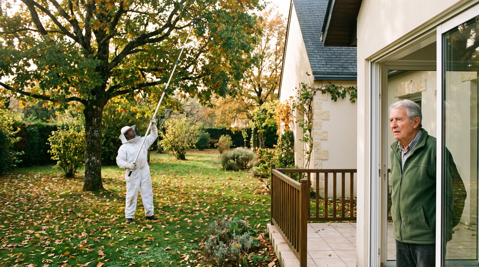 Technicien en combinaison de protection tendant une perche vers un arbre, observé depuis la terrasse