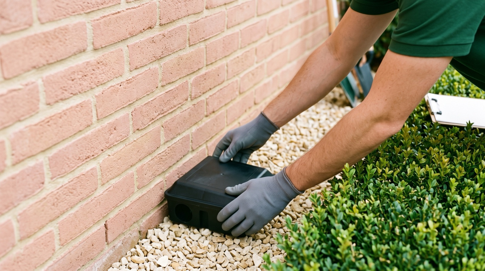 Mains gantées posant un poste d'appâtage sécurisé noir au pied d'un mur de jardin