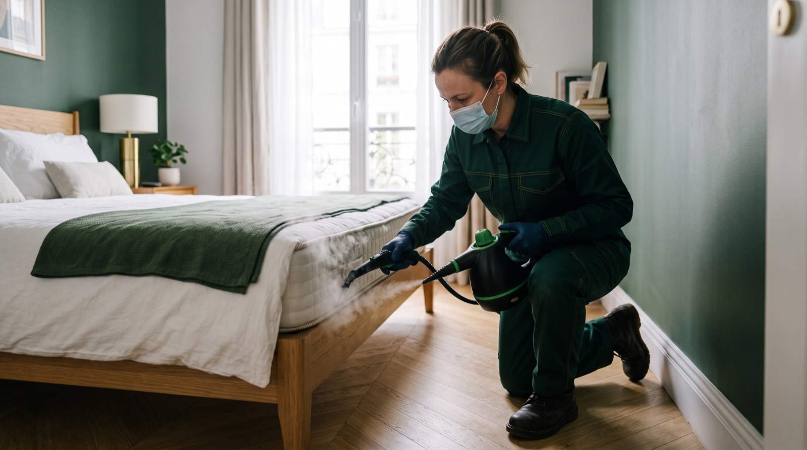 Traitement vapeur d'un matelas par une technicienne lors d'une intervention anti punaises de lit