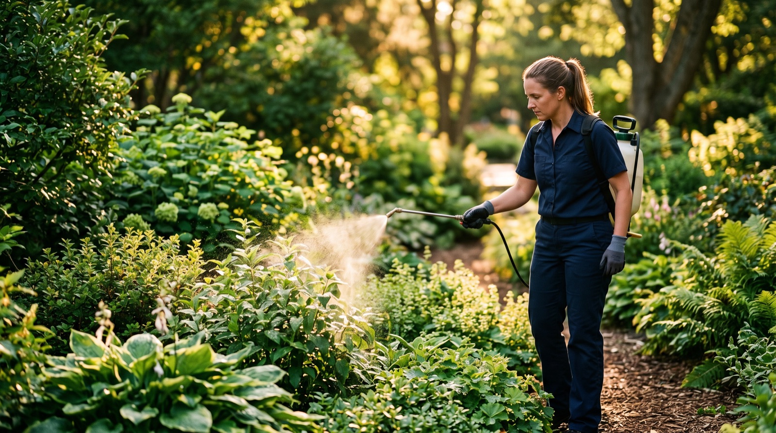Traitement de démoustication ciblé dans un jardin par un professionnel