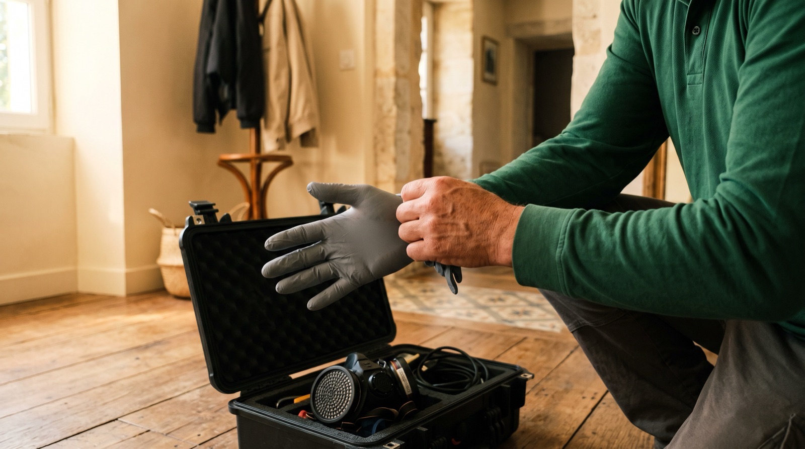 Technicien enfilant ses gants de protection au-dessus de sa mallette ouverte